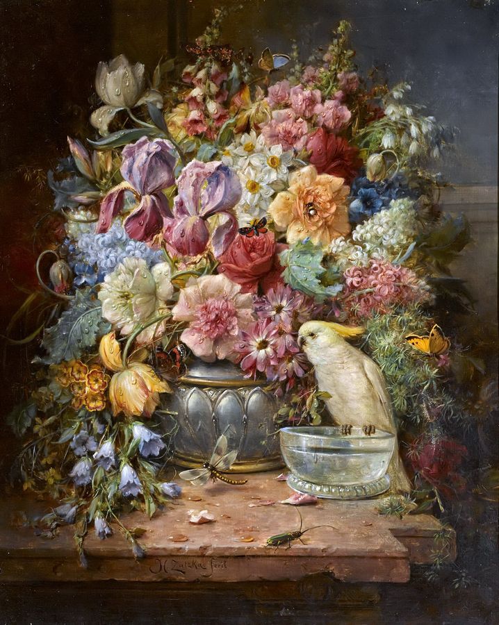 Натюрморт с розами, ирисами, мальвой и другими цветами, с бабочками и какаду