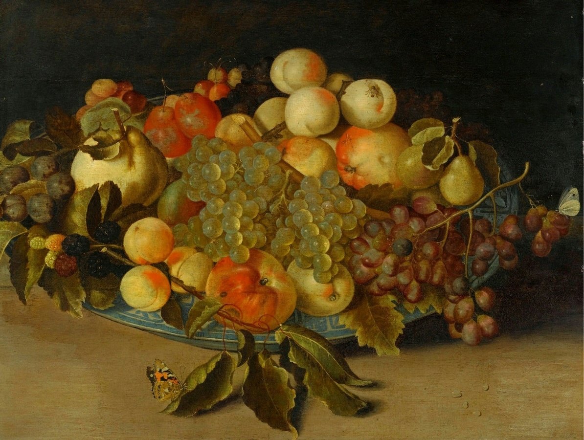 Репродукция картины 'Натюрморт с фруктами в бело-голубой фарфоровой миске' Босхарт Амбросиус. Купить