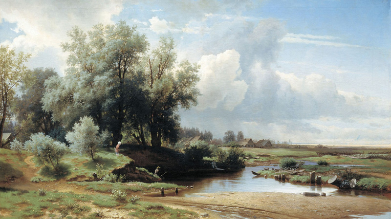 Репродукция картины 'Пейзаж с рекой и рыбачком' Каменев Лев Львович. Купить