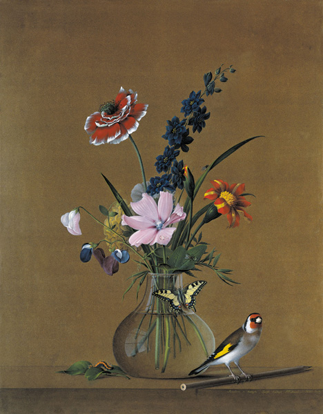Букет цветов, бабочка и птичка. 1820г.