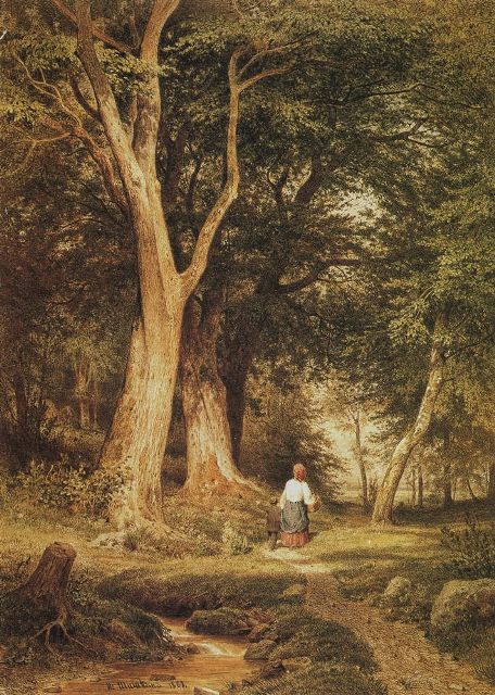 Репродукция картины 'Женщина с мальчиком в лесу 1868' Шишкин Иван Иванович. Купить