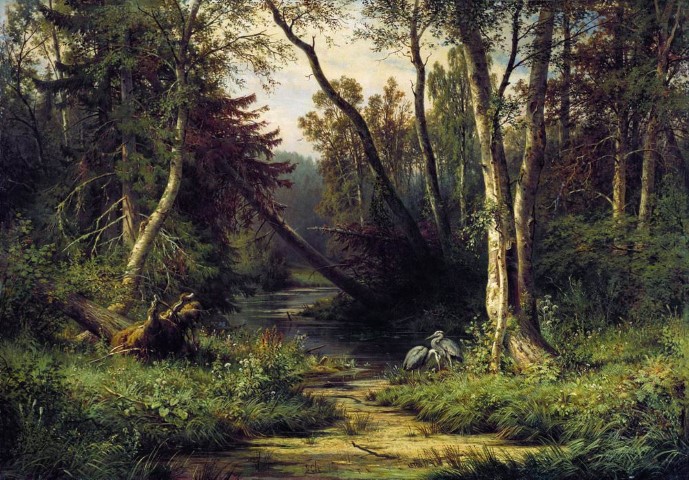 Репродукция картины 'Лесной пейзаж с цаплями 1870' Шишкин Иван Иванович. Купить