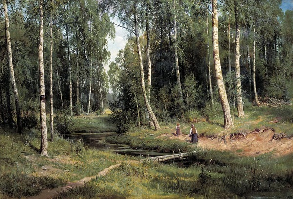 Репродукция картины 'Ручей в берёзовом лесу 1883' Шишкин Иван Иванович. Купить
