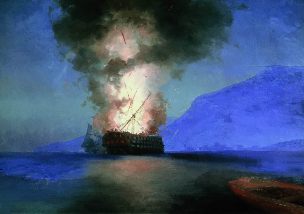 Репродукция картины 'Взрыв корабля 1900. Это картина последняя-неоконченная.' Айвазовский Иван Константинович. Купить