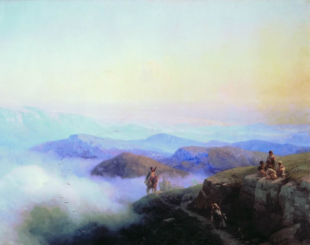 Цепи Кавказских гор. Вид с Каранайских гор на Темир-Хан-Шуру, на Каспийском море 1869