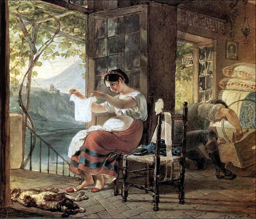 Итальянка, ожидающая ребенка, разглядывает рубашку, муж сколачивает колыбель. 1831