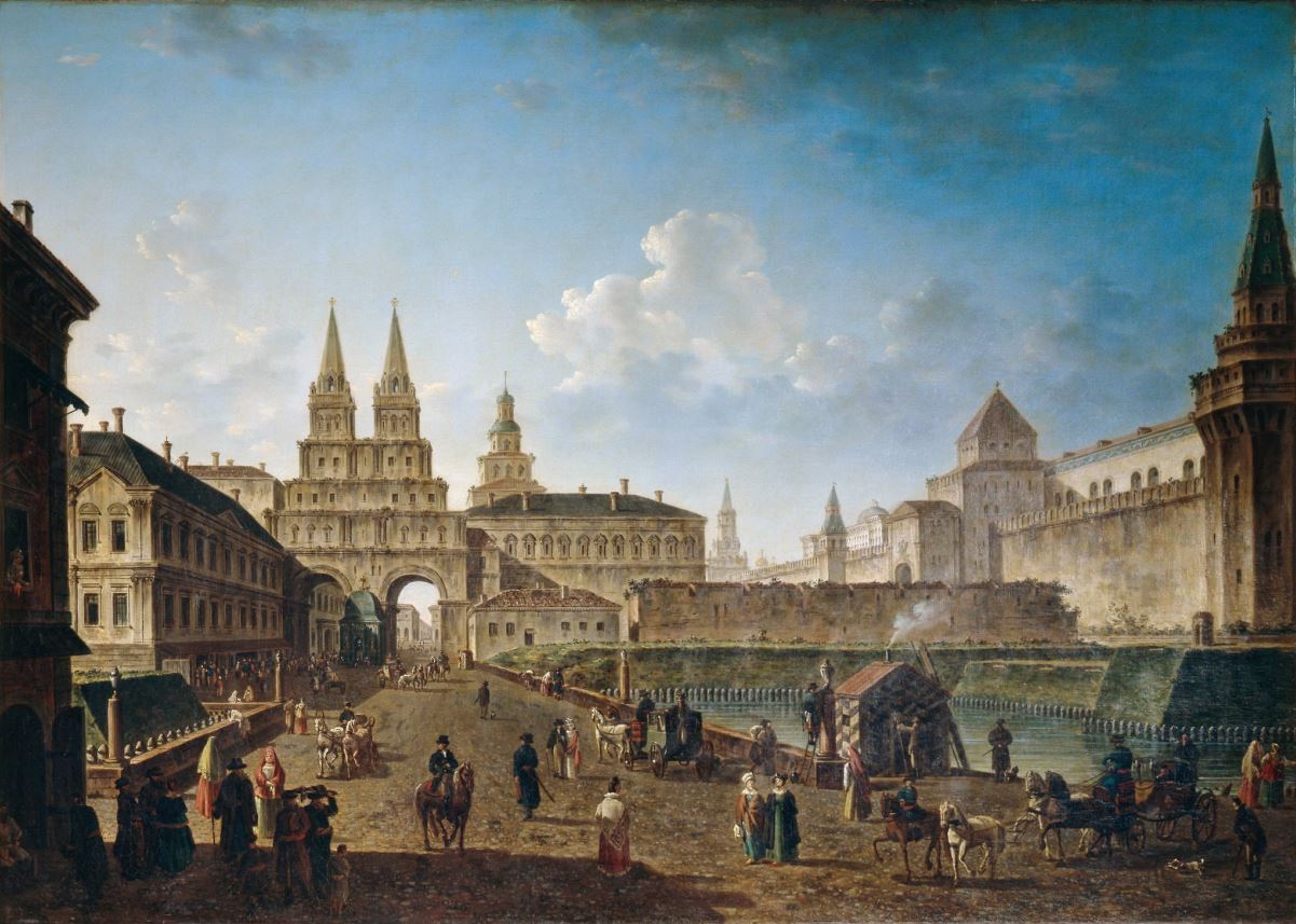 Вид на Воскресенские и Никольские ворота и Неглинный мост от Тверской улицы в Москве. 1811