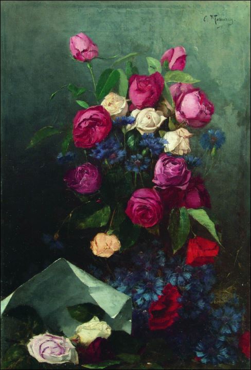 Натюрморт с розами и васильками. 1883