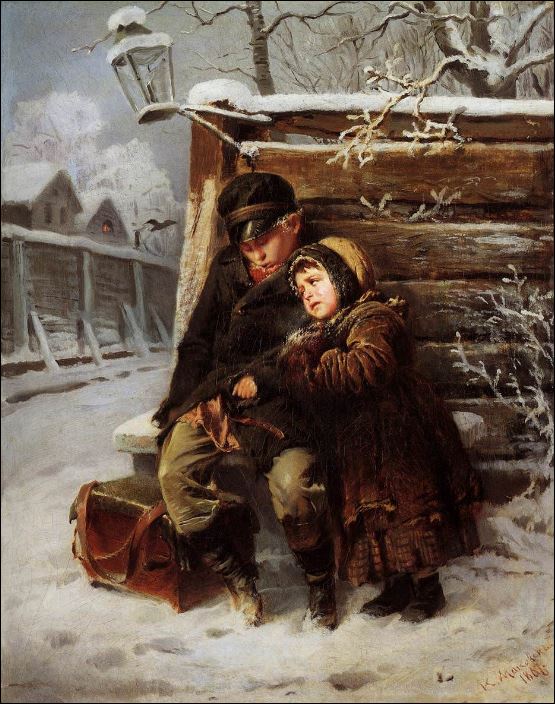 Маленькие шарманщики у забора зимой. 1868