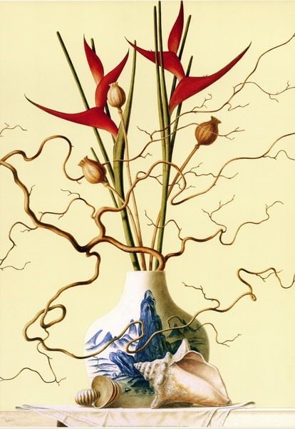 Натюрморт с китайской вазой, ракушками и цветами