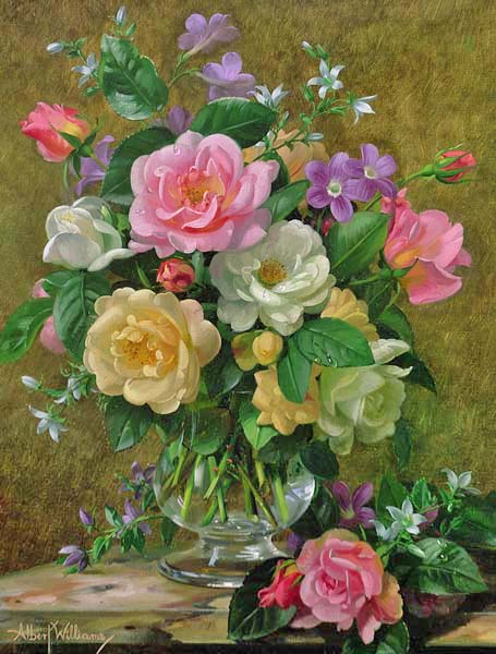 Репродукция картины 'Розы в стеклянной вазе' Уильямс Альберт. Купить