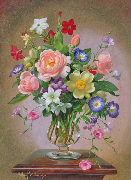 Репродукция картины 'Розы и пионы в вазе' Уильямс Альберт. Купить