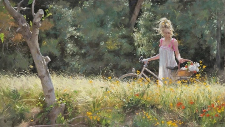 Репродукция картины 'Женский образ - на велосипеде' Ромеро Висенте Редондо. Купить
