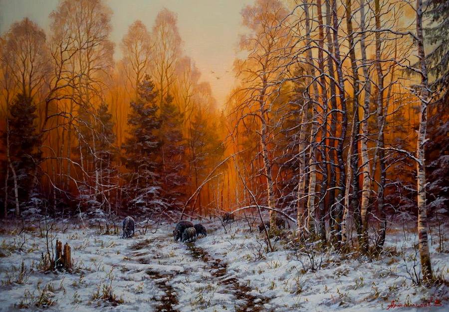 Репродукция картины 'Вечер в лесу. Кабаны' Артамонов Валерий Анатольевич. Купить