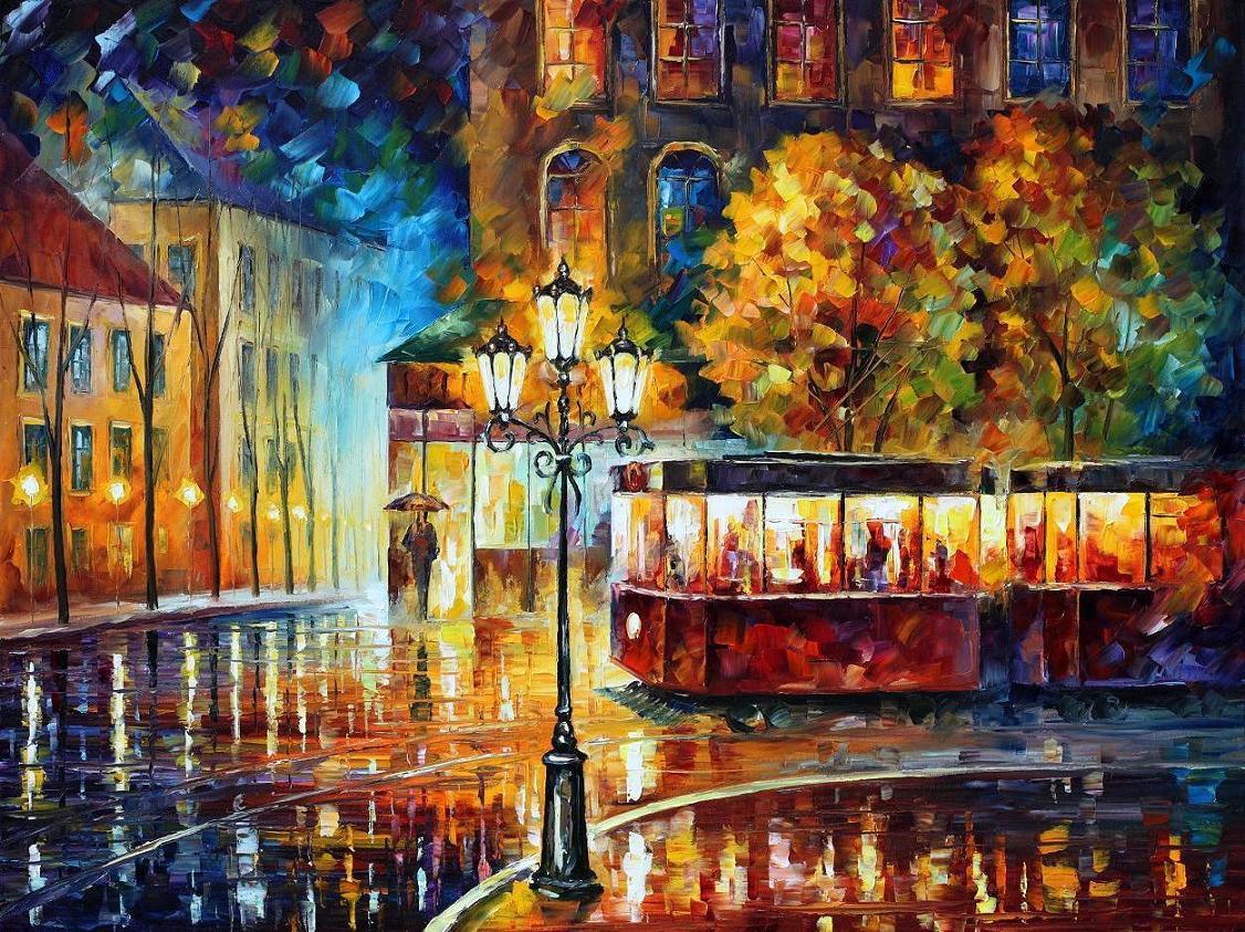 Репродукция картины 'Трамвай дождливой ночью' Афремов Леонид Аркадиевич. Купить