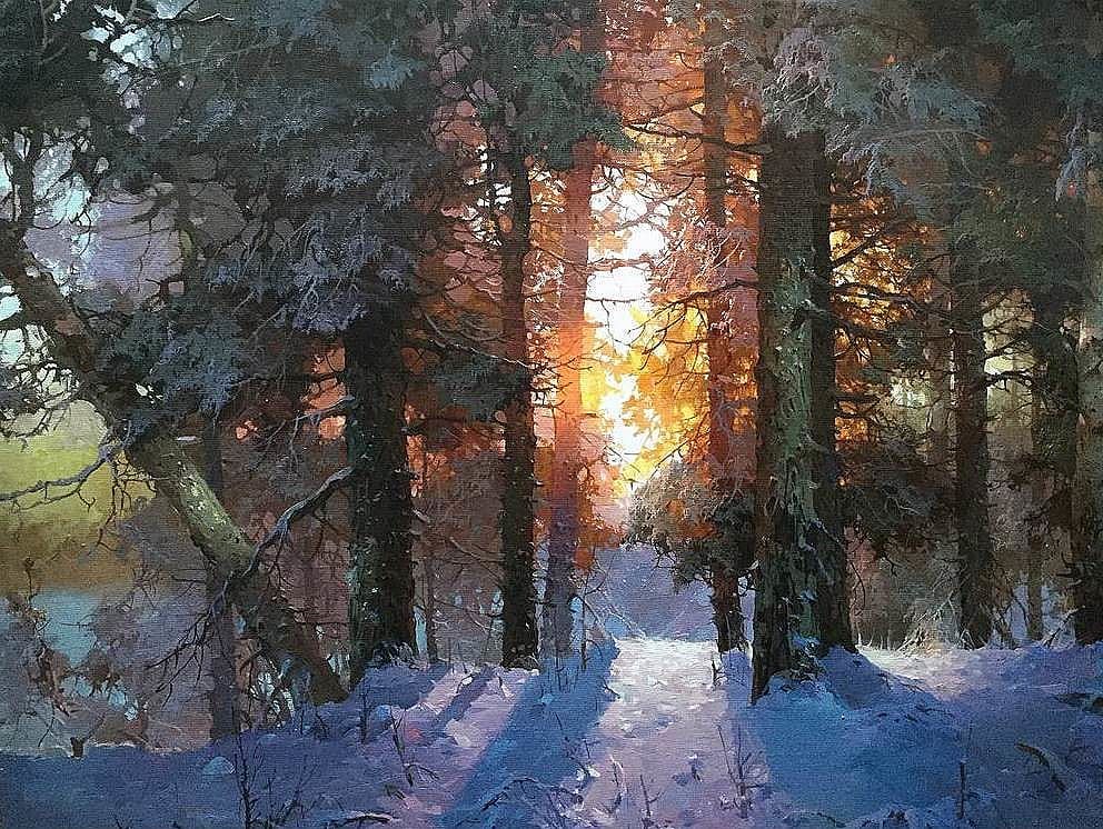 Репродукция картины 'Зимний вечер в лесу' Быков Виктор Александрович. Купить