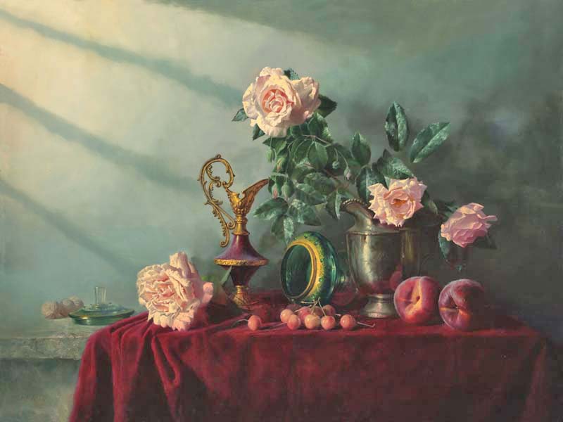 Натюрморт с персиками, розами