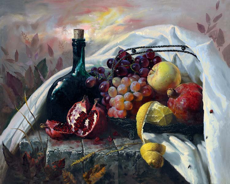 Натюрморт с фруктами и бутылкой