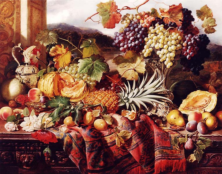 Натюрморт с различными фруктами и ковер с пейзажем