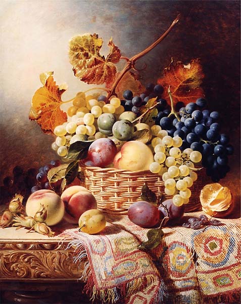 Натюрморт с корзиной фруктов на столе с ковром