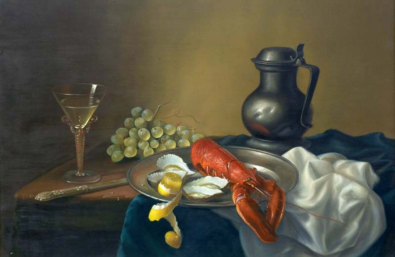 Натюрморт с устрицами, лимоном и лобстером на оловянной тарелке