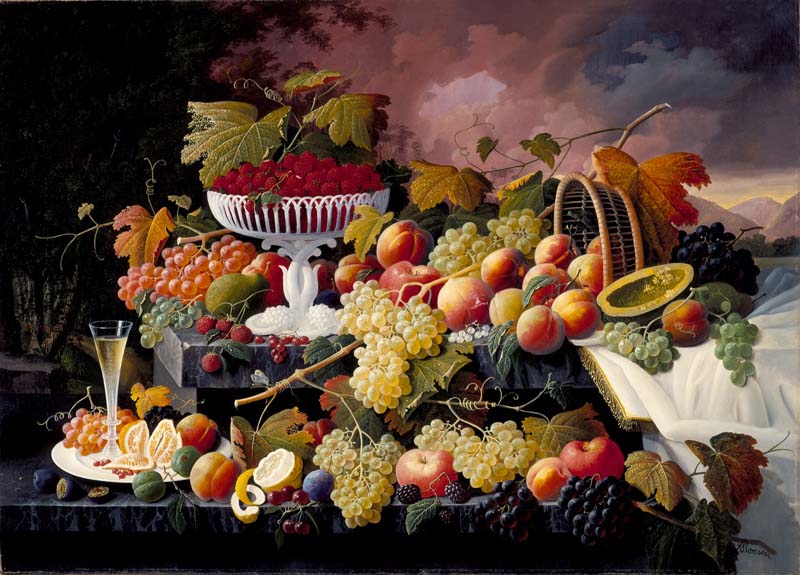 Натюрморт с фруктами на фоне пейзажа